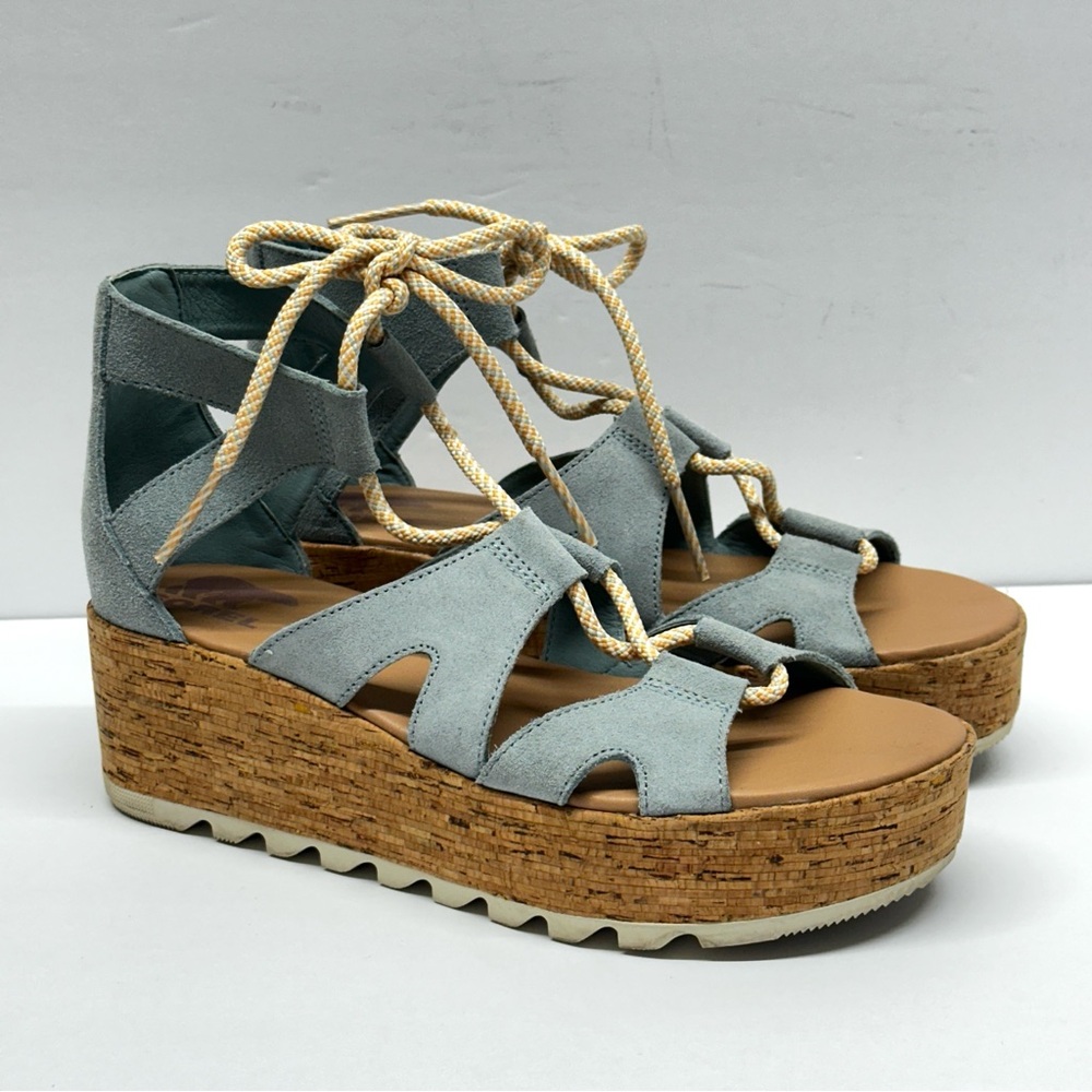Sorel Cameron Gladiator Wedge Lace Up Cork Platform Shoes Sandals Teal Sz 8.5